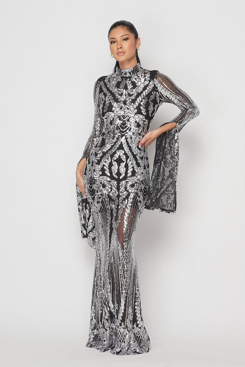 Black and Sliver Open Sleeves Maxi Dress - SohoGirl.com